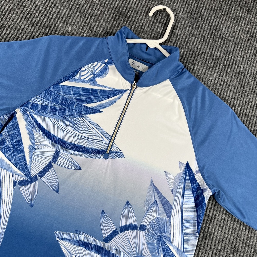 Greg Norman Polo Shirt Womens Medium Blue White ML75 PlayDry Floral Golf Top